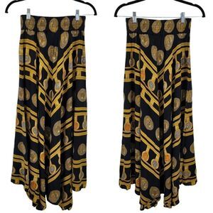 Vtg 80's Skirt Maxi Gypsy Flowy Front Slit Handkerchief Hem Greek Coin Black  XS